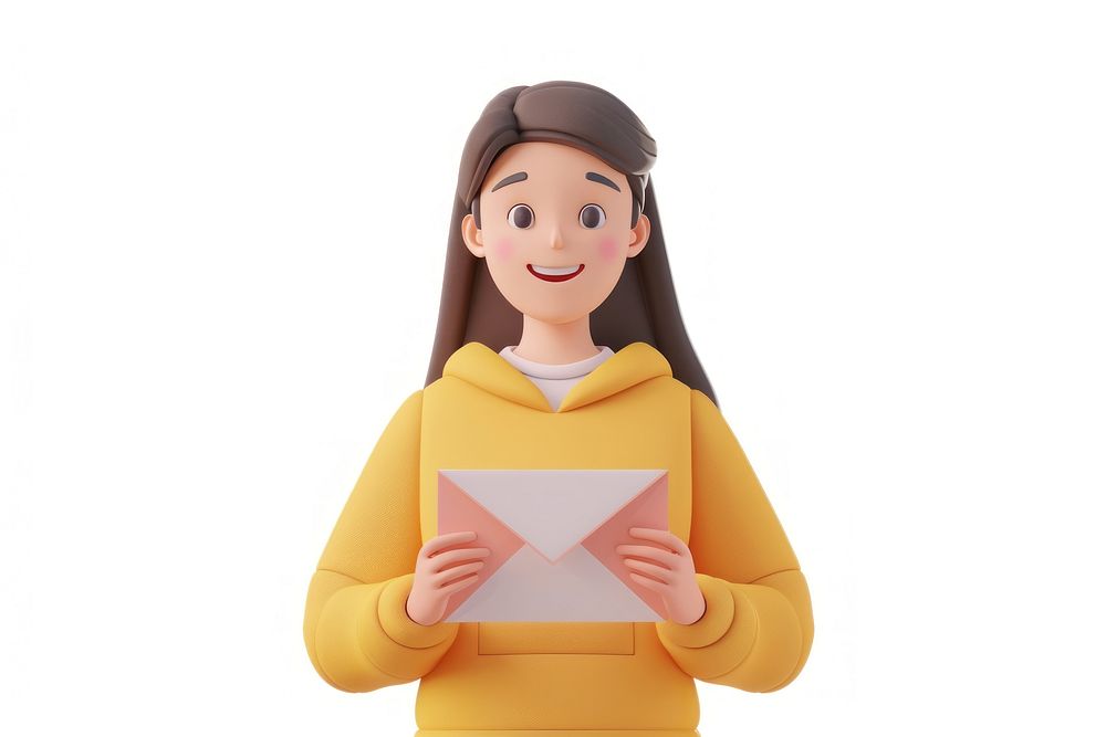 Woman holding an Envelope white background technology paperwork.