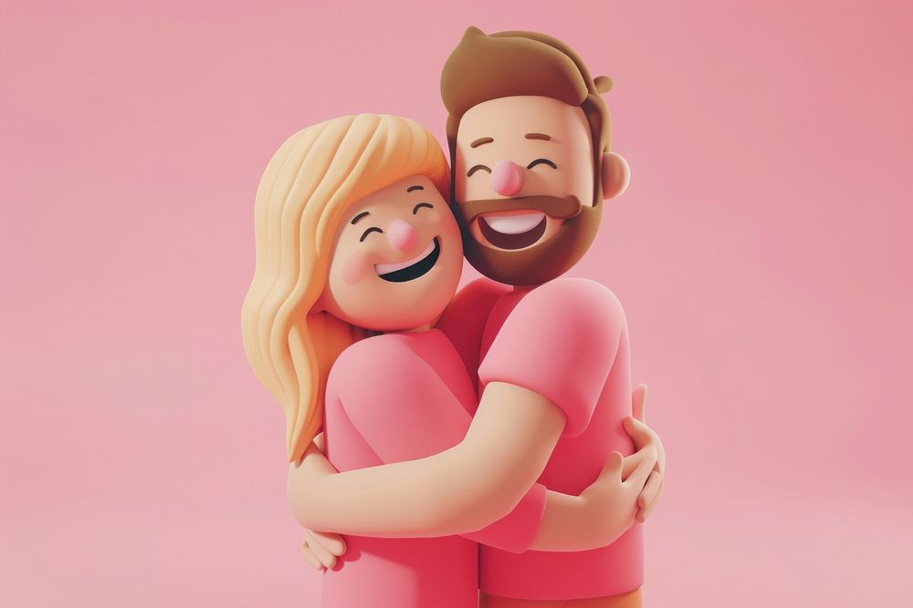 Woman and man hugging cartoon toy affectionate.