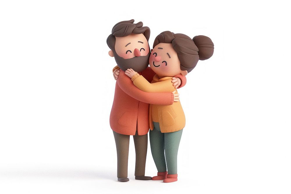 Woman and man hugging cartoon toy white background.