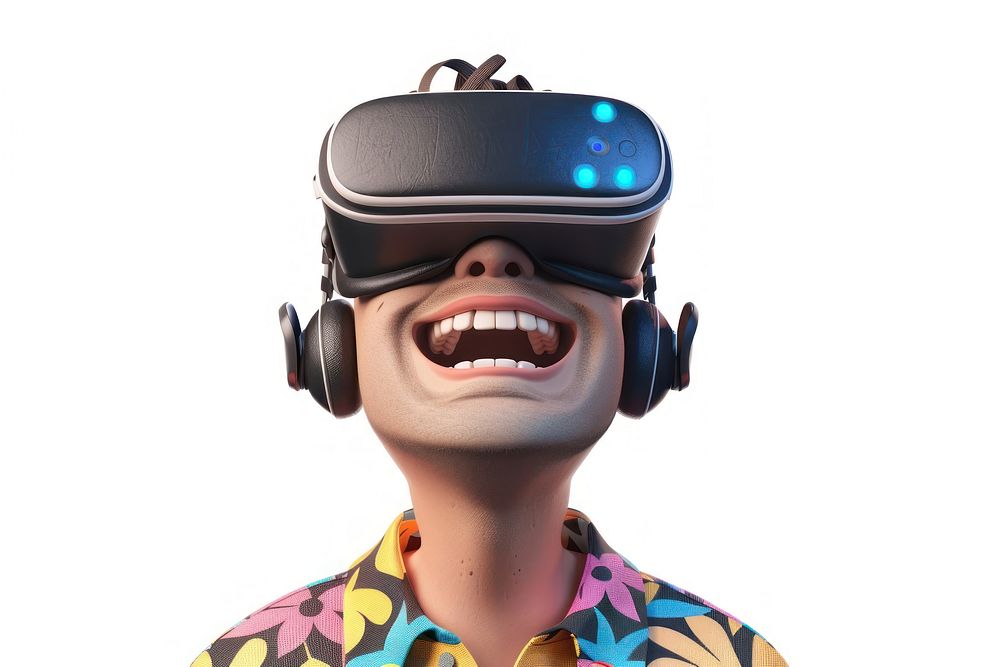 Happy man wearing a VR portrait cartoon white background.