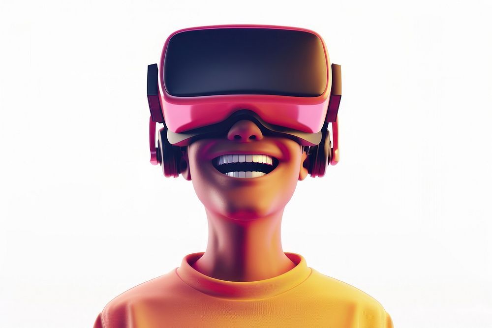 Happy man wearing a VR portrait cartoon accessories.