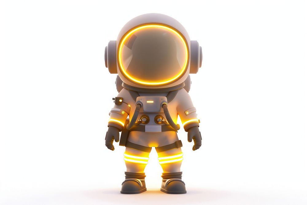 Astronaut glowing outfit robot white background futuristic.