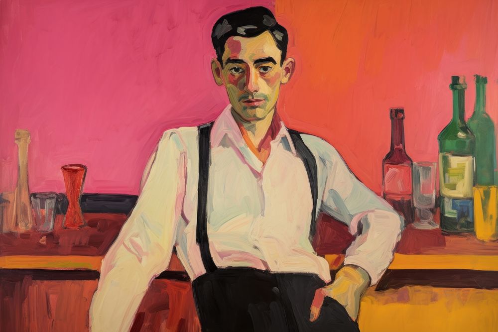 Portrait of a bartender painting clothing beverage.