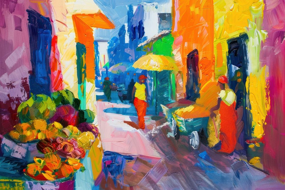 A colorful street scene painting clothing wedding.