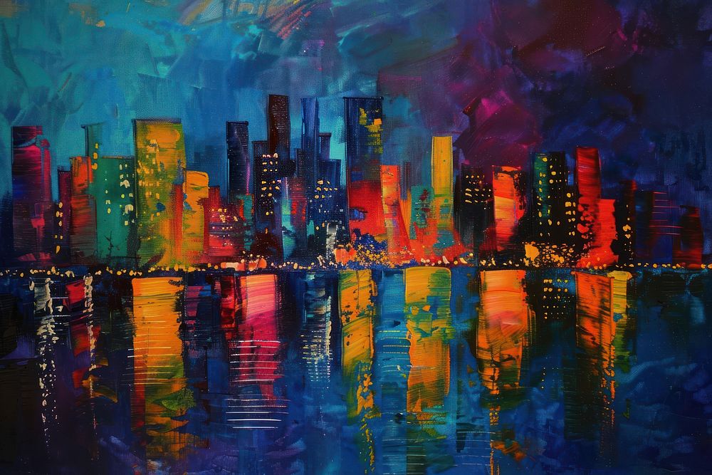A vibrant city skyline painting metropolis canvas.