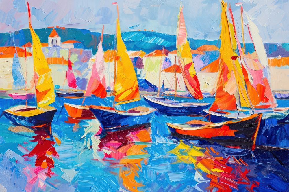 A bustling harbor sailboat painting transportation.