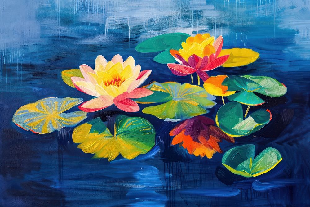 A serene pond painting lily blossom.