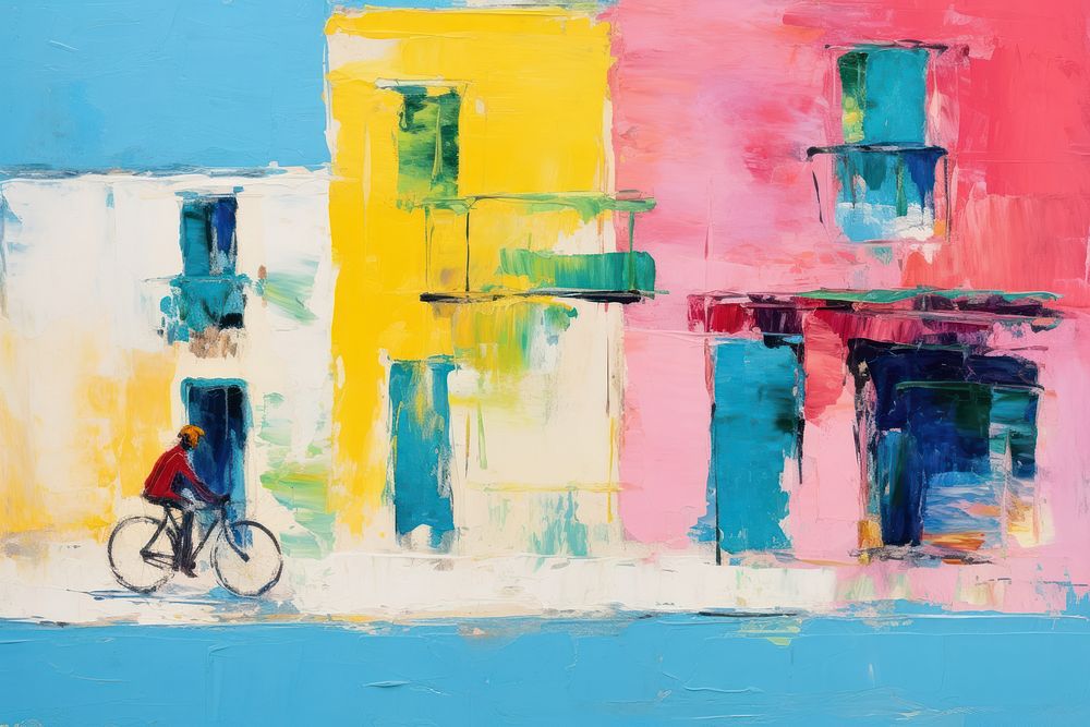 A colorful street scene painting bicycle transportation.