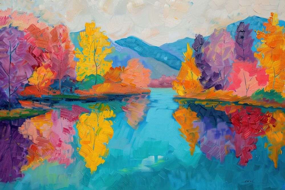 A serene lake painting outdoors canvas.