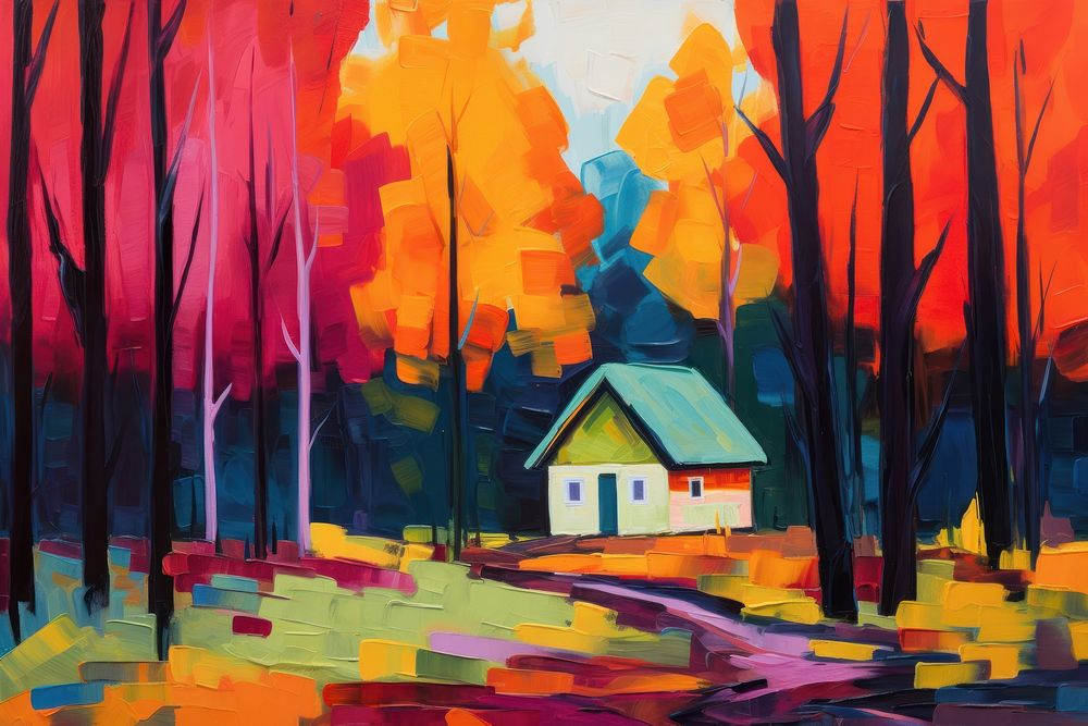 A lone cabin painting architecture countryside.