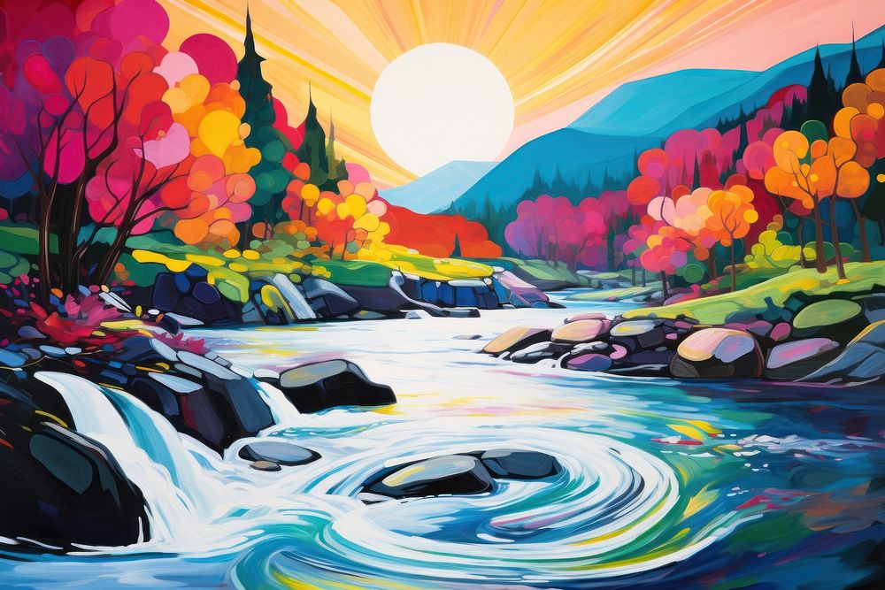 A vibrant river painting outdoors graphics.