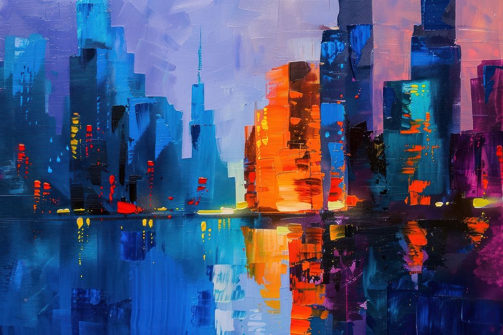 A vibrant city skyline painting person urban.