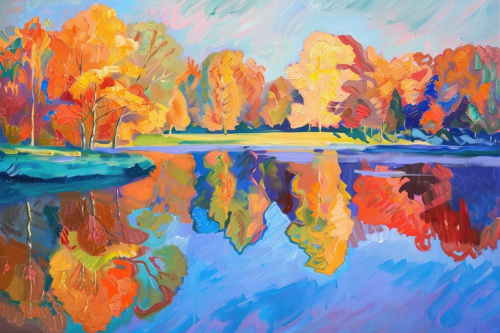 A serene lake painting outdoors scenery.