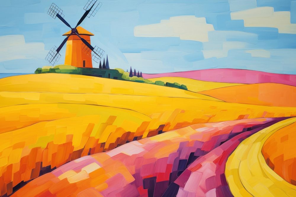 A lone windmill painting outdoors art.