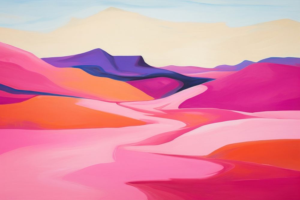 A surreal desert landscape painting outdoors purple.