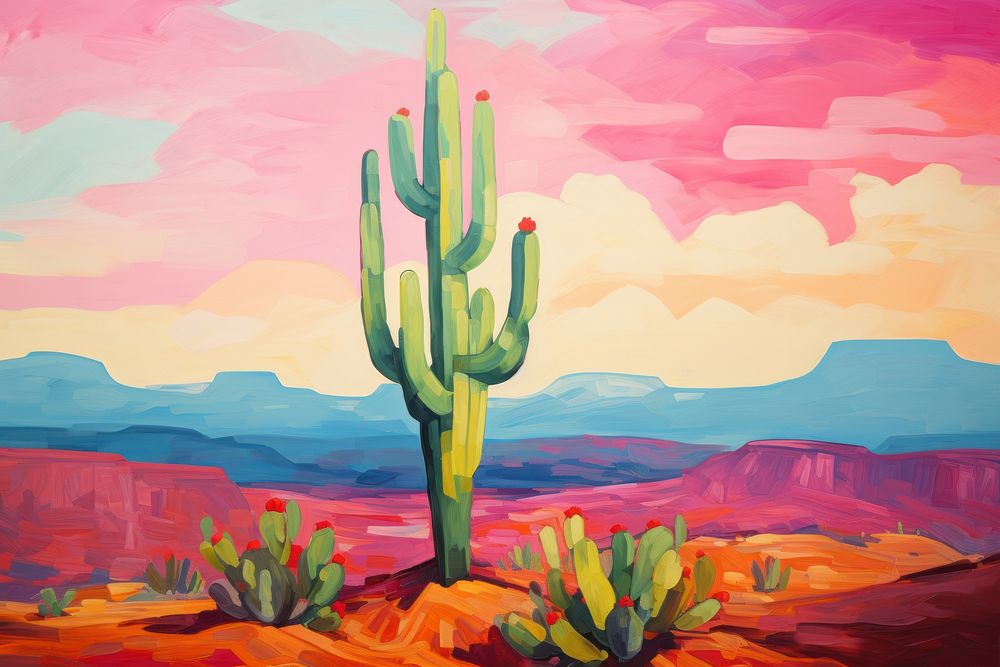 A colorful desert landscape painting cactus festival.