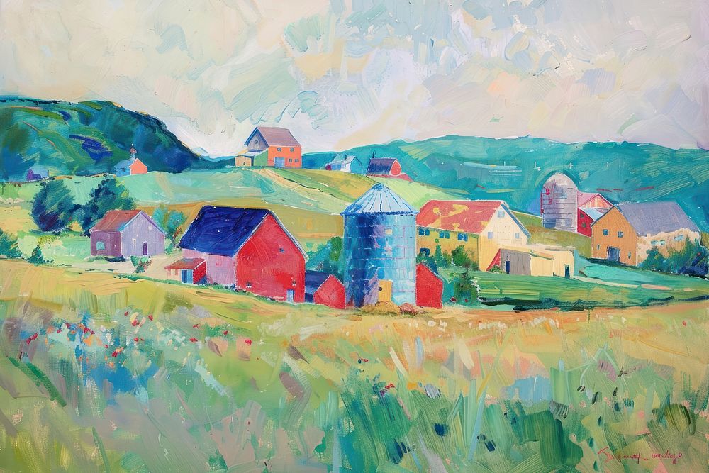 A peaceful countryside scene painting barn architecture.