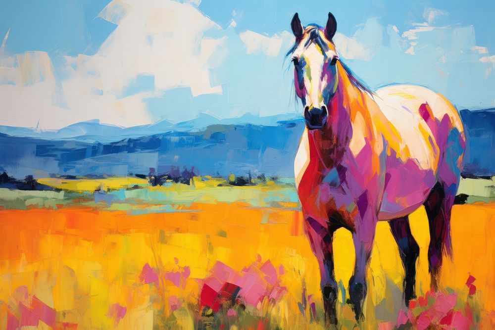 A lone horse painting outdoors animal.
