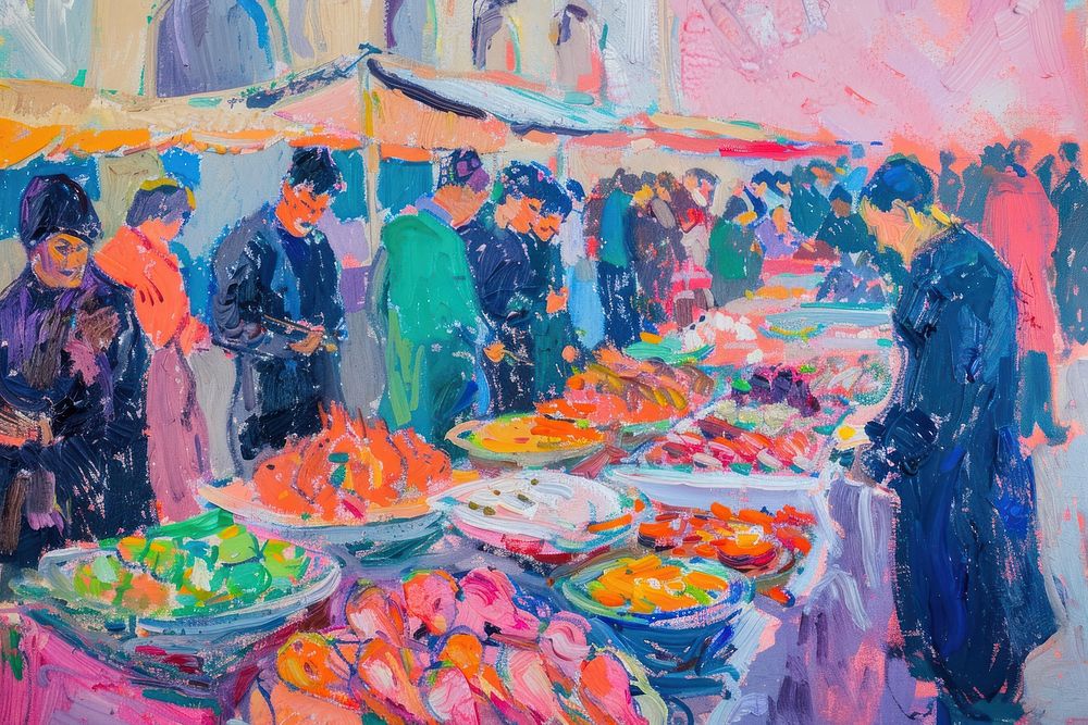 A bustling fish market painting food female.