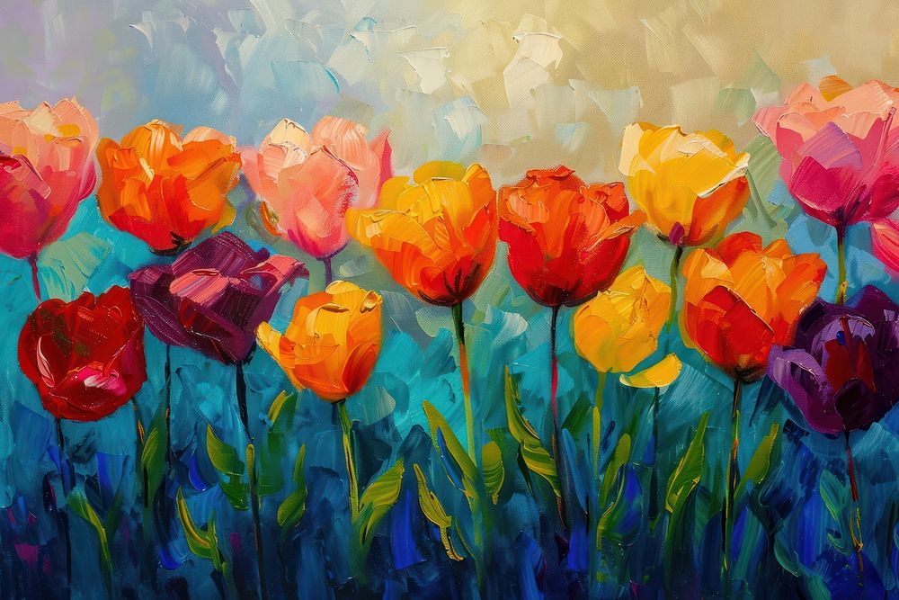 A colorful field of tulips painting outdoors blossom.