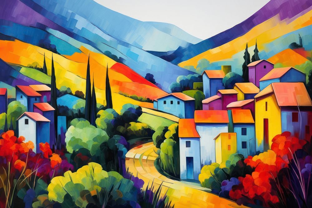 A colorful village painting outdoors nature.