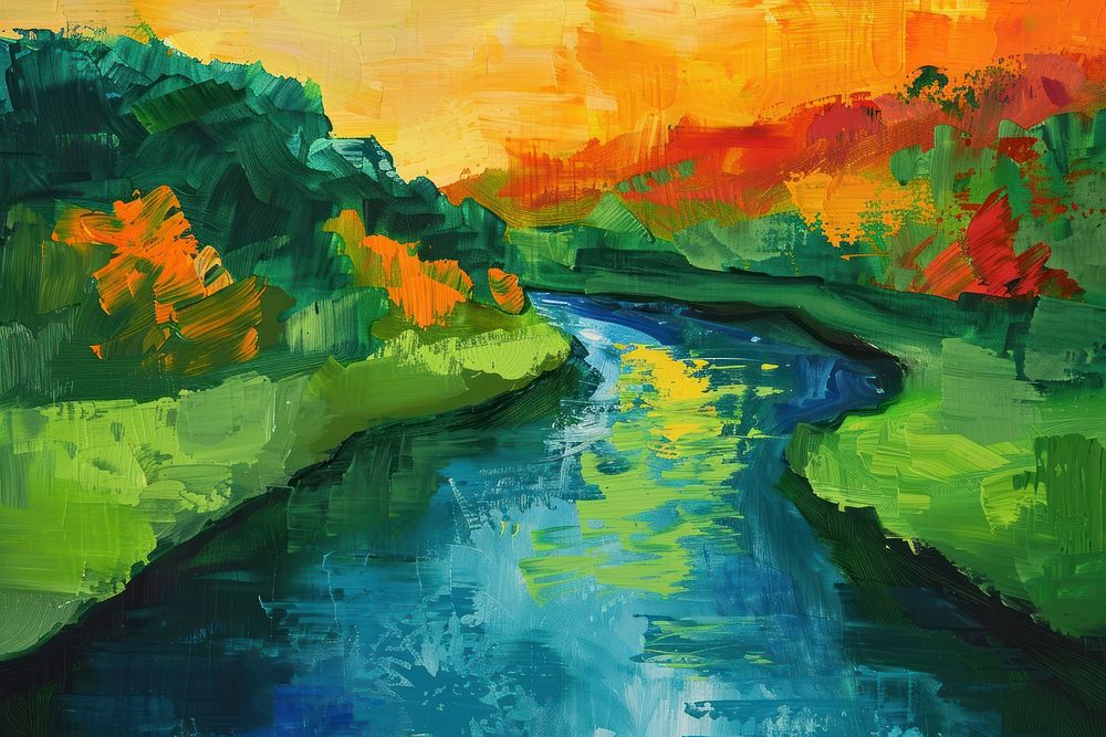 A serene river painting outdoors nature.