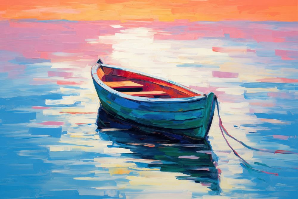 A lone rowboat painting transportation watercraft.