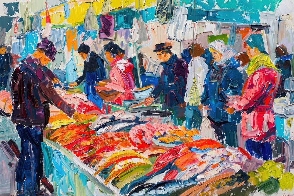 A bustling fish market painting female person.