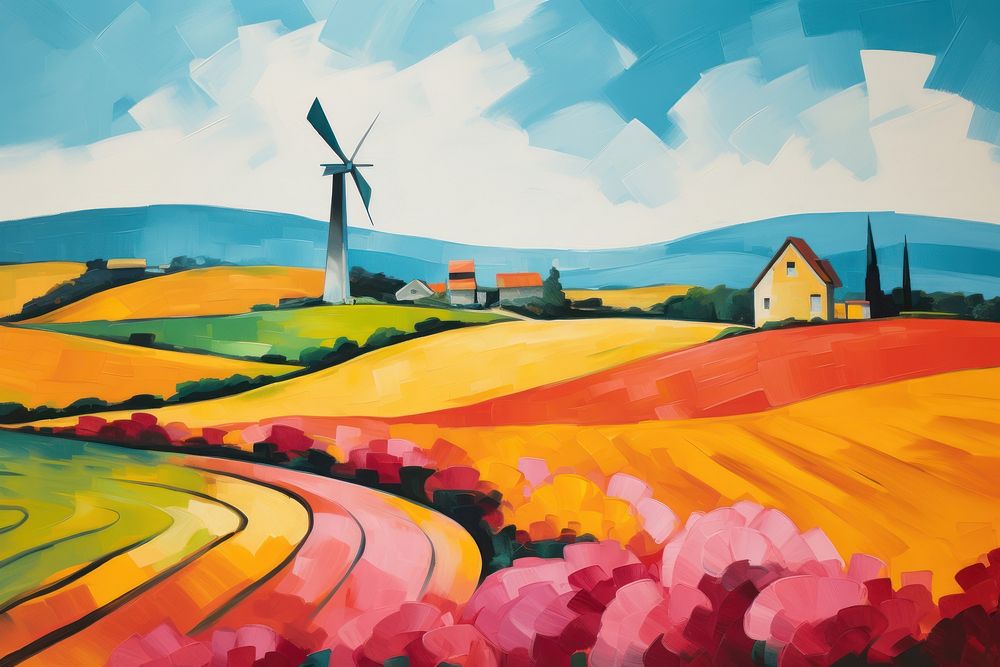 A lone windmill painting field agriculture.