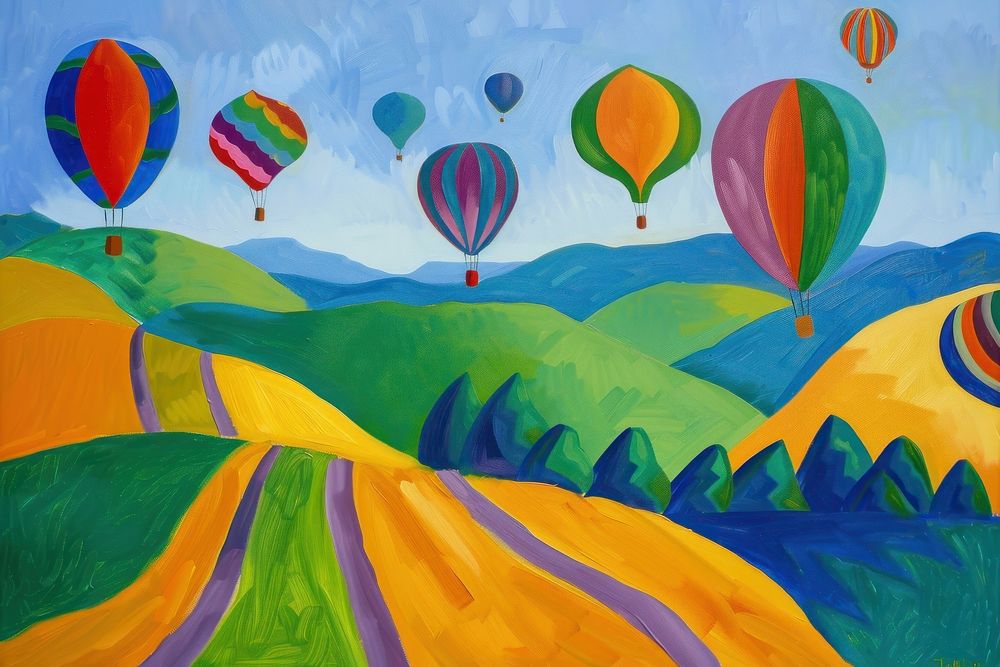 A serene countryside scene painting balloon hot air balloon.