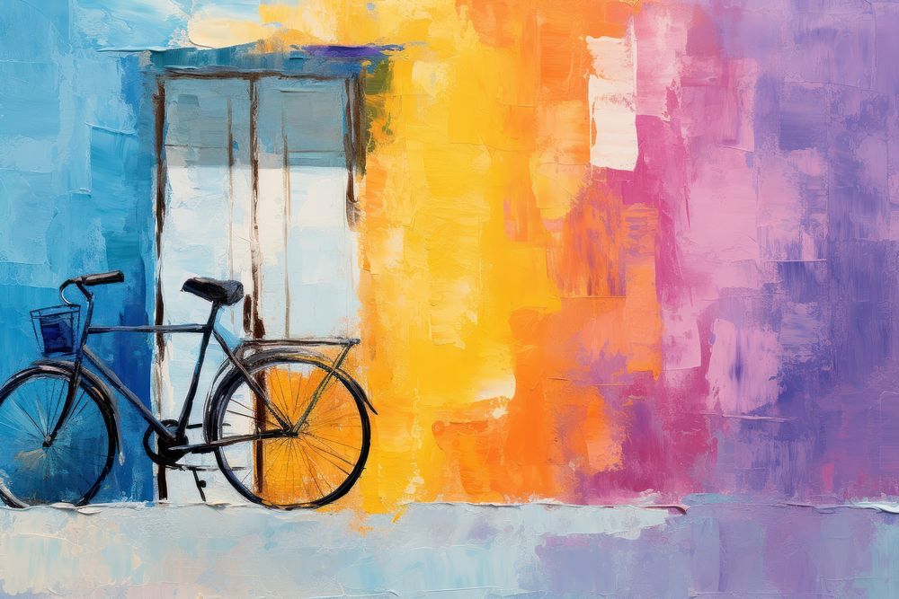 A colorful street scene painting bicycle transportation.