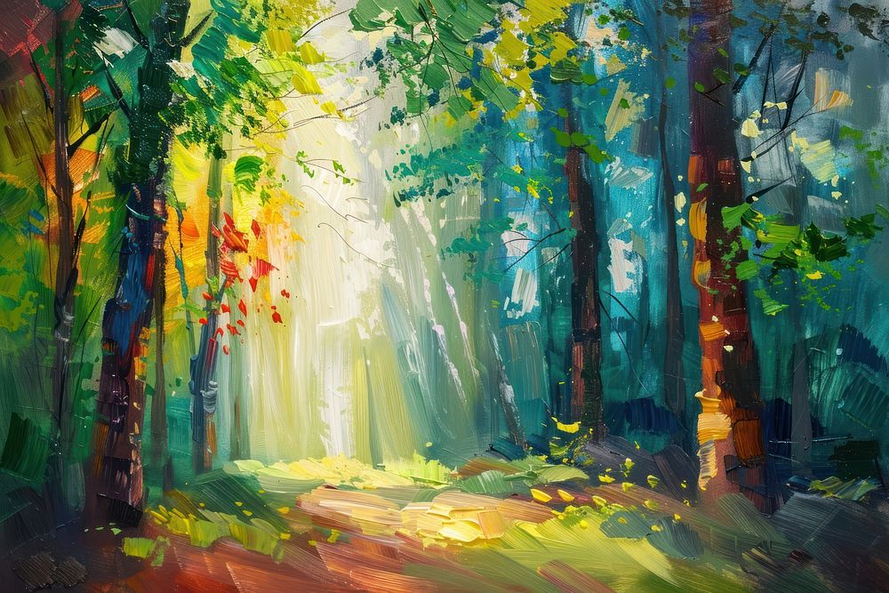 A tranquil forest scene painting tree vegetation.