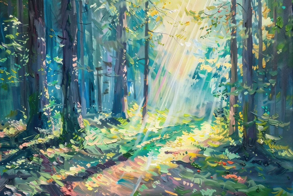 A tranquil forest scene sunlight painting tree.