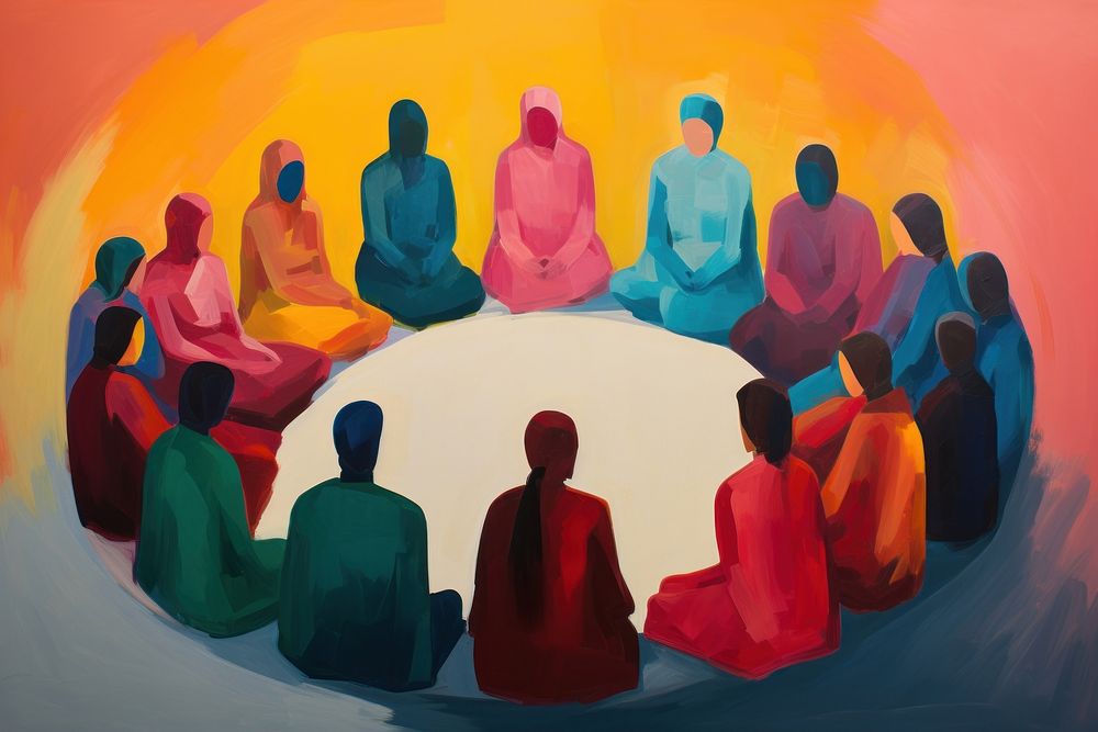 Meditation circle painting people back.