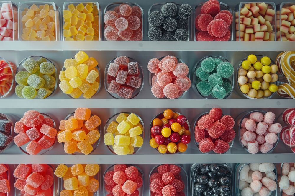Candies on the shelve confectionery medication sweets.