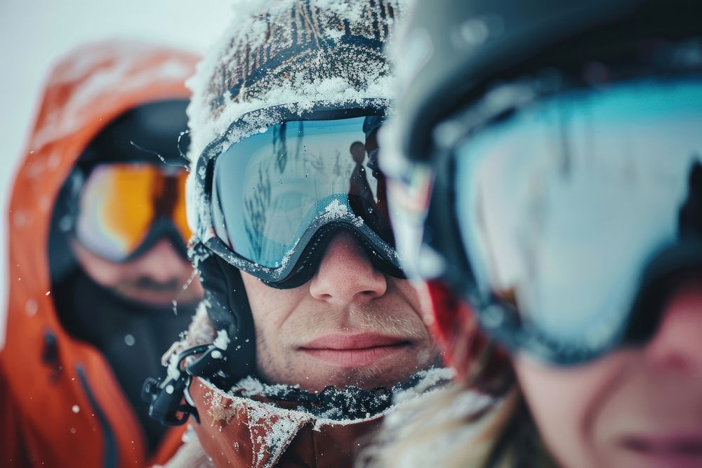 Friends skiing on mountain outdoors photo face.