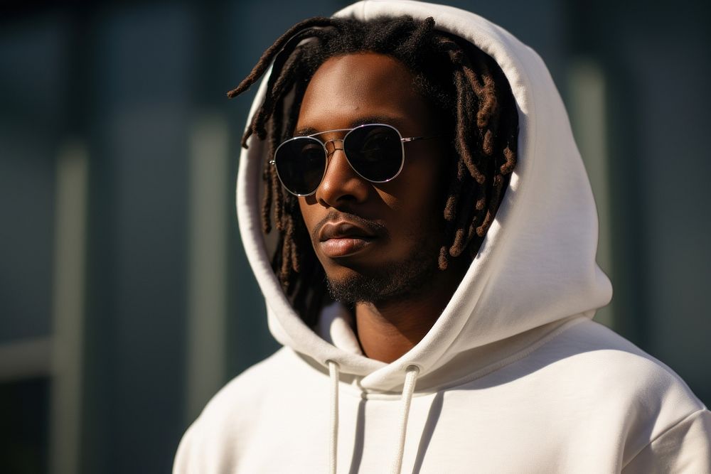 Black male in white hoodie and sunglasses photo accessories photography.