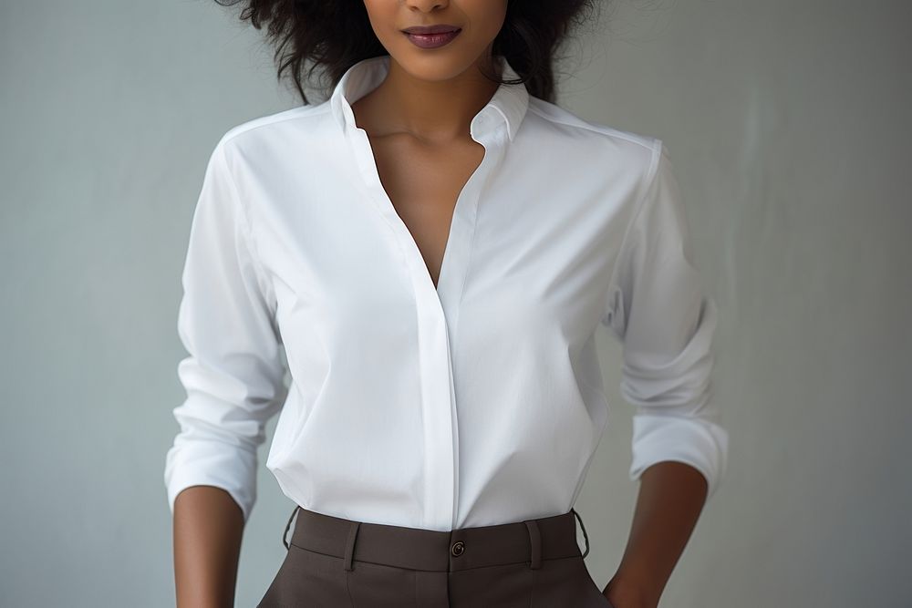 Black Woman natural wear white fashion clothes casual dress code office blouse clothing apparel.