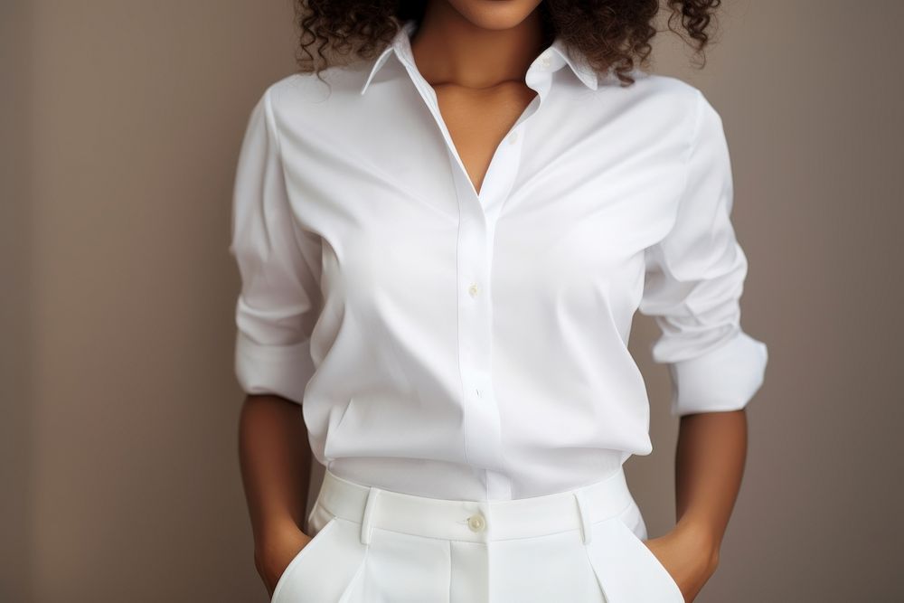 Black Woman natural wear white fashion clothes casual dress code office blouse clothing apparel.