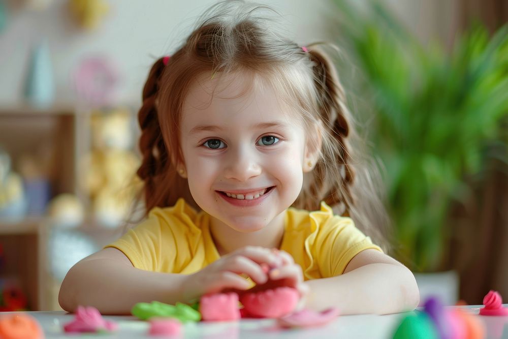 Little girl make plasticine on table in room photo happy confectionery.