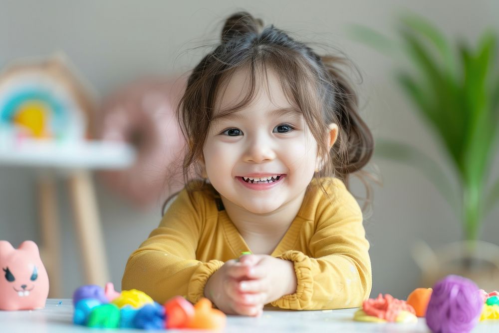 Little girl make plasticine on table in room happy photo photography.