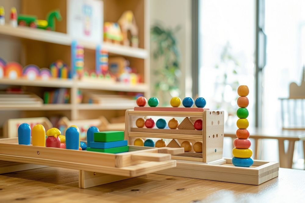 Toys and educational equipment indoors wood play area.