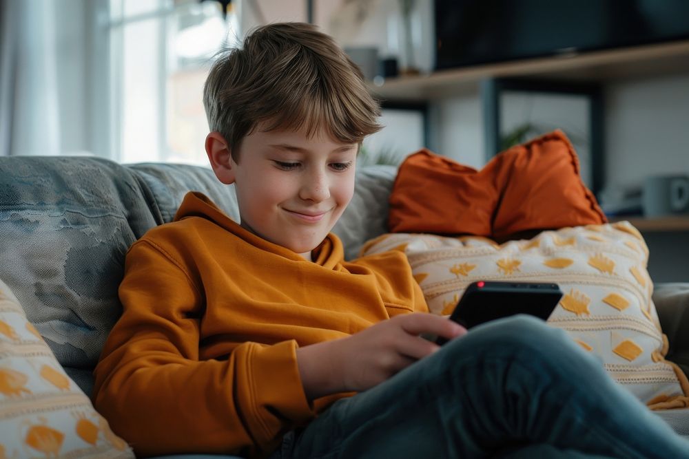 Boy holding smartphone and playing game electronics blanket person.
