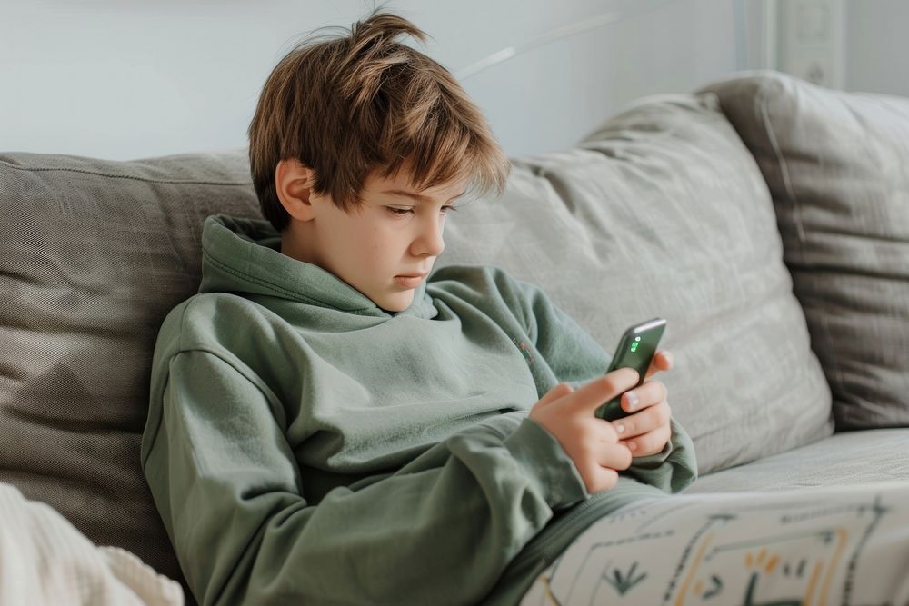 Boy holding smartphone and playing game blanket wedding person.