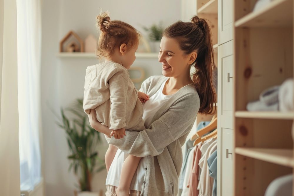 Mother picking up her child from a Kindergarten in wardrobe happy furniture indoors.