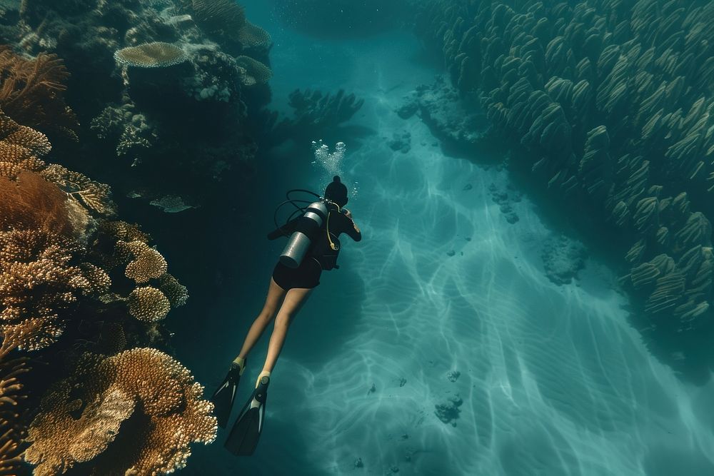 Free diver girl on coral reef underwater outdoors accessories.