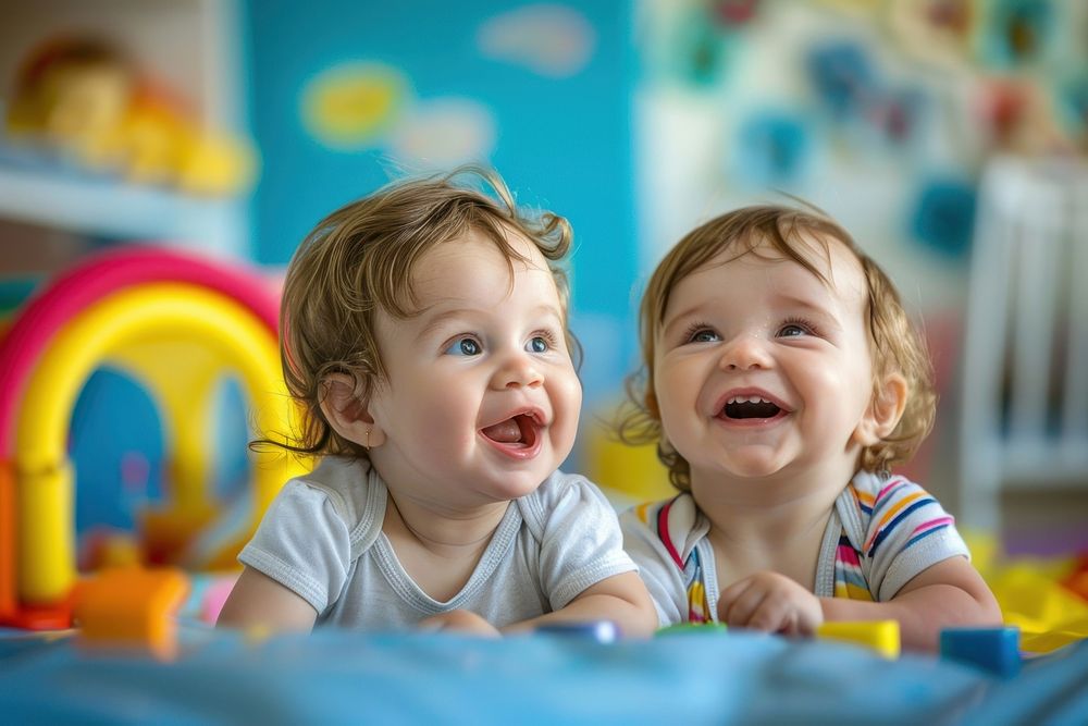 Babies playing together in the kindergarten happy laughing person.