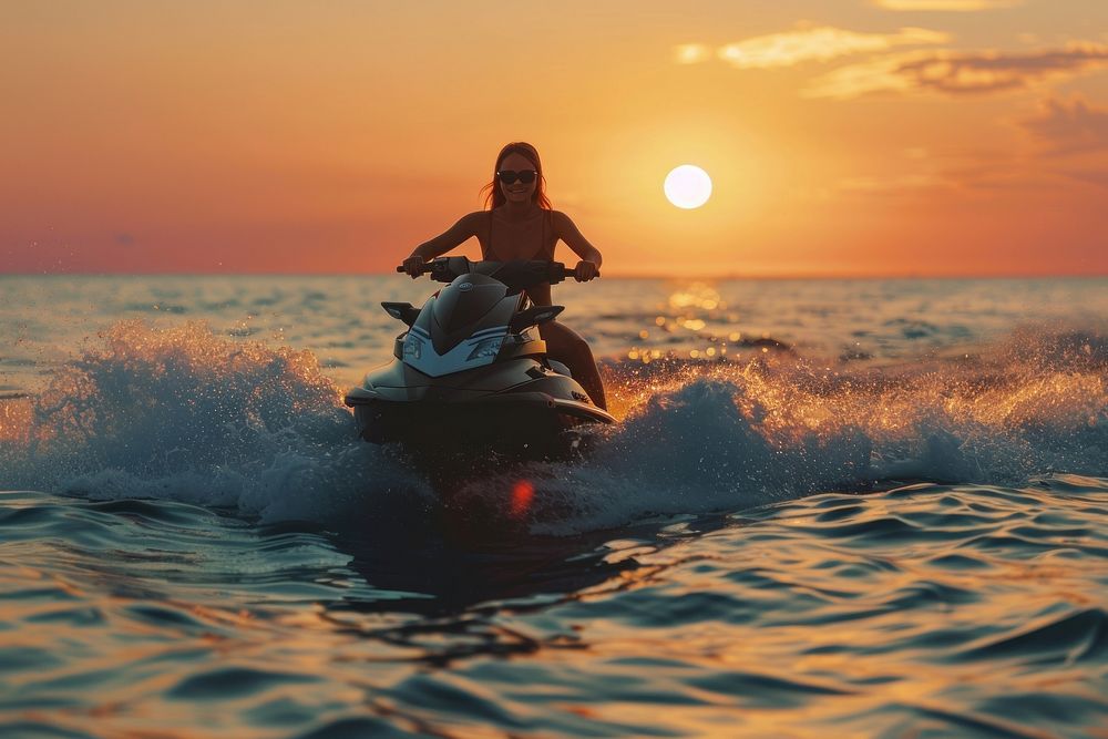 Girl riding her jet skis in the sea at sunset outdoors transportation accessories.