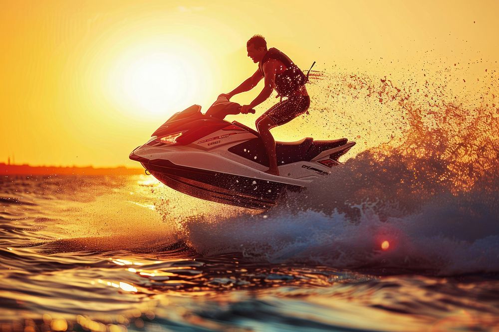 Strong man jumps on the jetski outdoors water transportation.