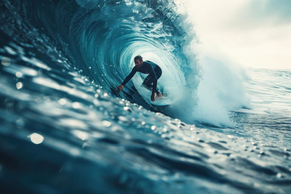 Surfer on Blue Ocean Wave Getting Barreled outdoors ocean recreation.